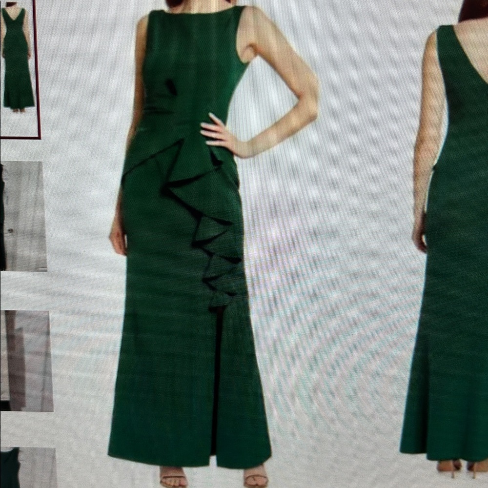 Eliza J Dark Green Sleeveless Midi Dress with Front Ruffle